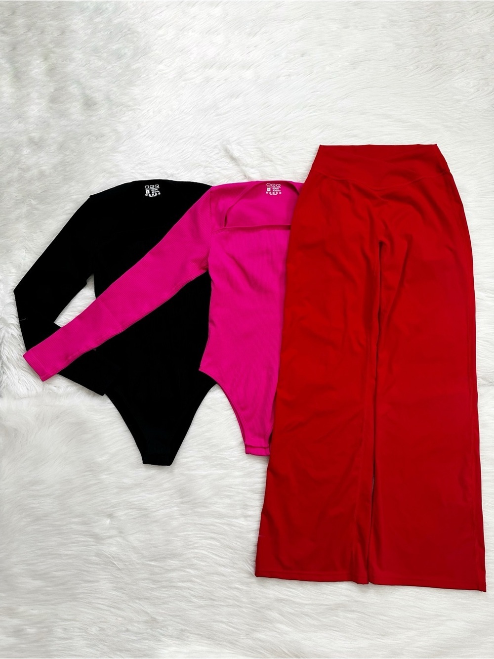 OQQ Sex Ribbed BUNDLE (2) Black Pink Red Athleisure Bodysuit and Pants, Sz Small